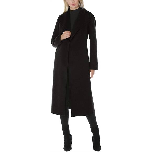 NEW T TAHARI women's double layered collar belted wool long coat in black - Picture 3 of 4